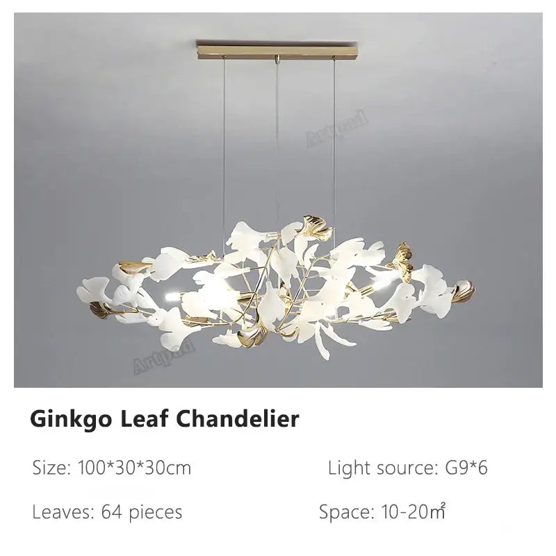 A decorbites ginkgo leaves chandelier featuring delicate white and gold-toned leaves on a brass fixture for luxury decor