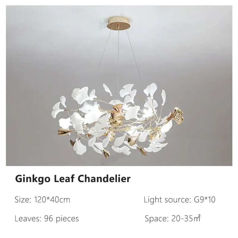 Decorbites ginkgo leaves chandelier with 96 white and gold leaves pendant lamp for hotel stairs and living room lighting
