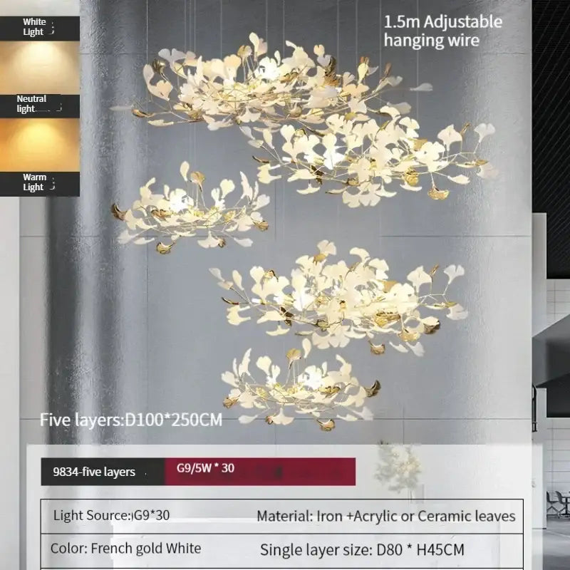 DecorBites Ginkgo leaves chandelier multi-layered gold and white iron pendant lamp for Nordic luxury interiors
