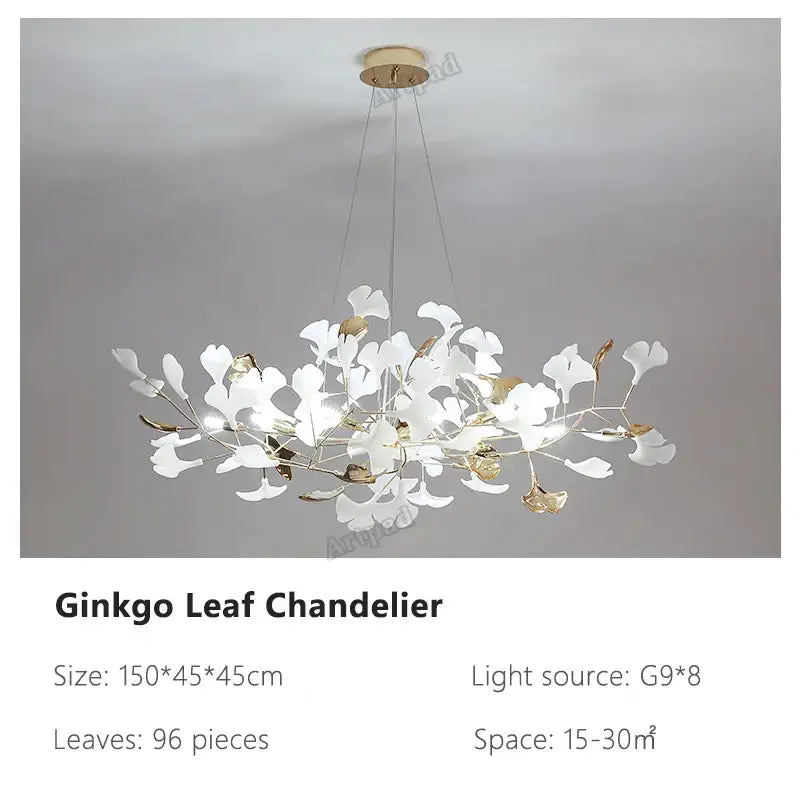 A delicate white and gold decorbites ginkgo leaves chandelier with 96 brass leaves for hotel and living room lighting