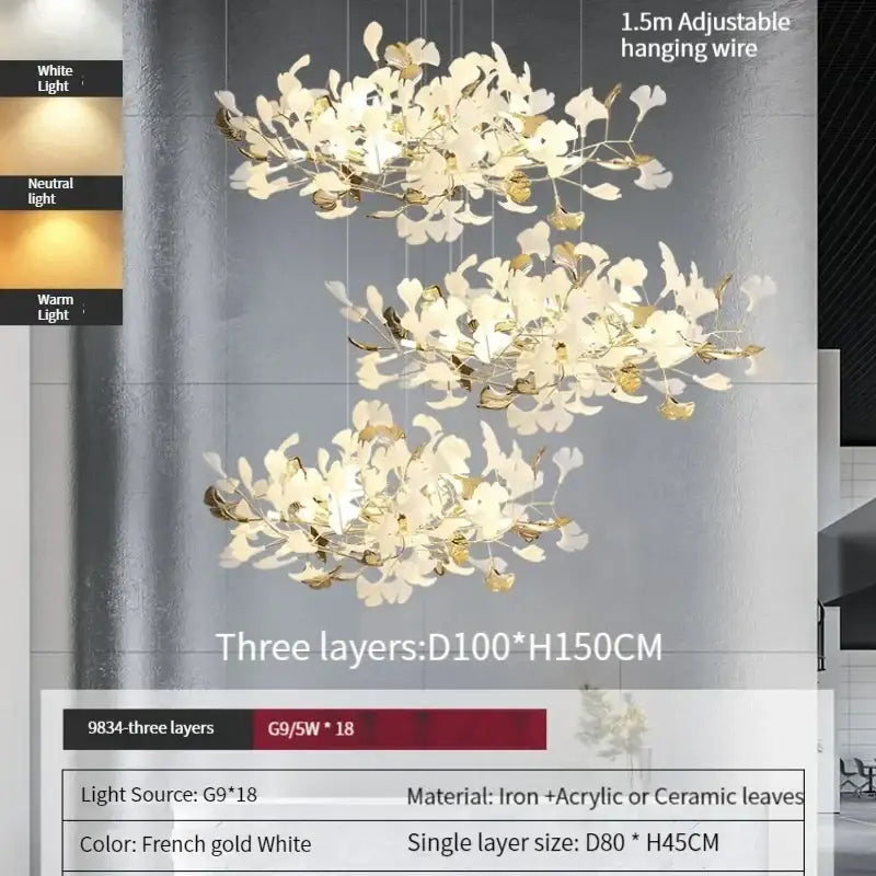 DecorBites Ginkgo Leaves chandelier is a gold and white three-layer pendant lamp with delicate iron leaf designs