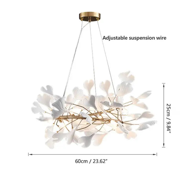 Elegant white porcelain ginkgo leaves chandelier with gold-toned metal branches by DecorBites Ginkgo for luxury spaces
