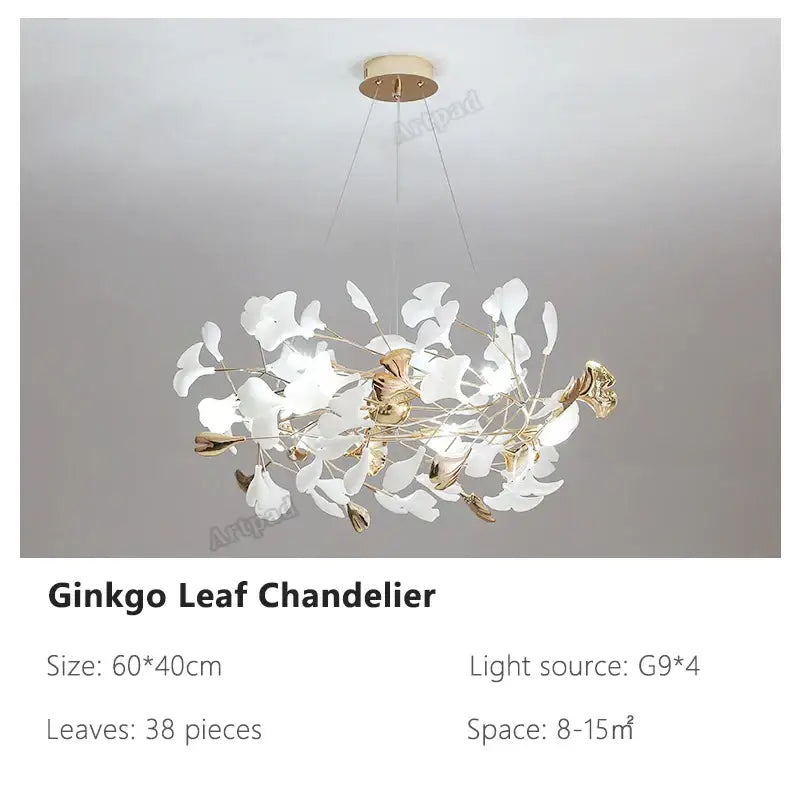 Decorbites ginkgo leaves chandelier with 38 white and gold leaves suspended from brass fixture, ideal for living room and hotel lighting