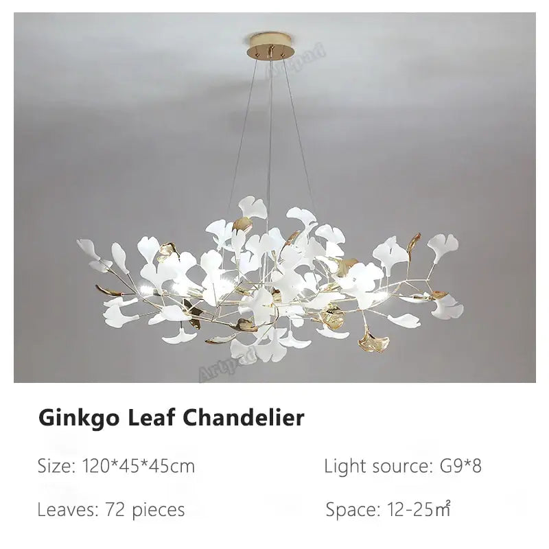 Decorbites ginkgo leaves chandelier featuring 72 white and gold leaves on brass for luxury hotel stairs living room lighting