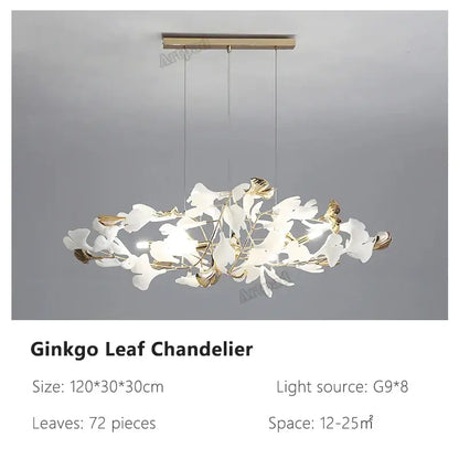 Decorbites ginkgo leaves chandelier with white and gold leaf elements and brass fixture for luxury nordic interiors