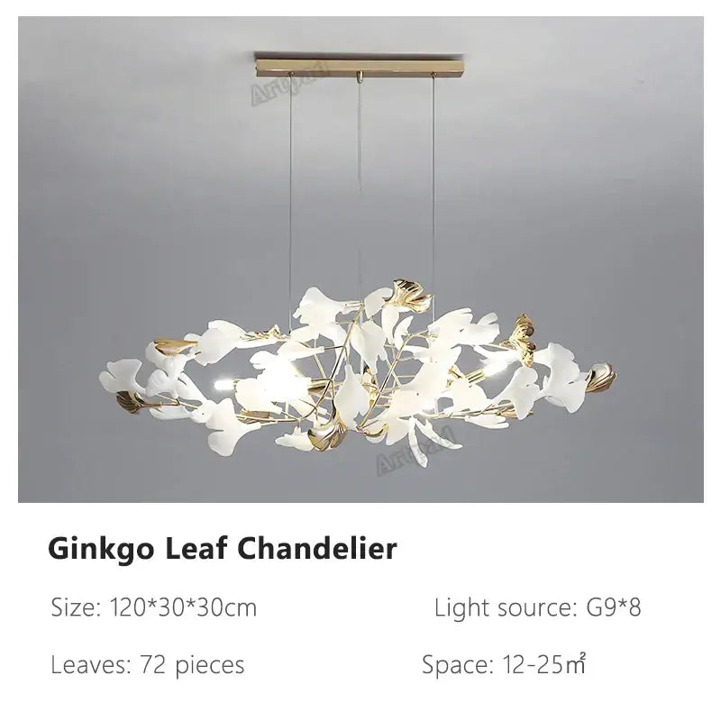 Decorbites ginkgo leaves chandelier with white and gold leaf elements and brass fixture for luxury nordic interiors