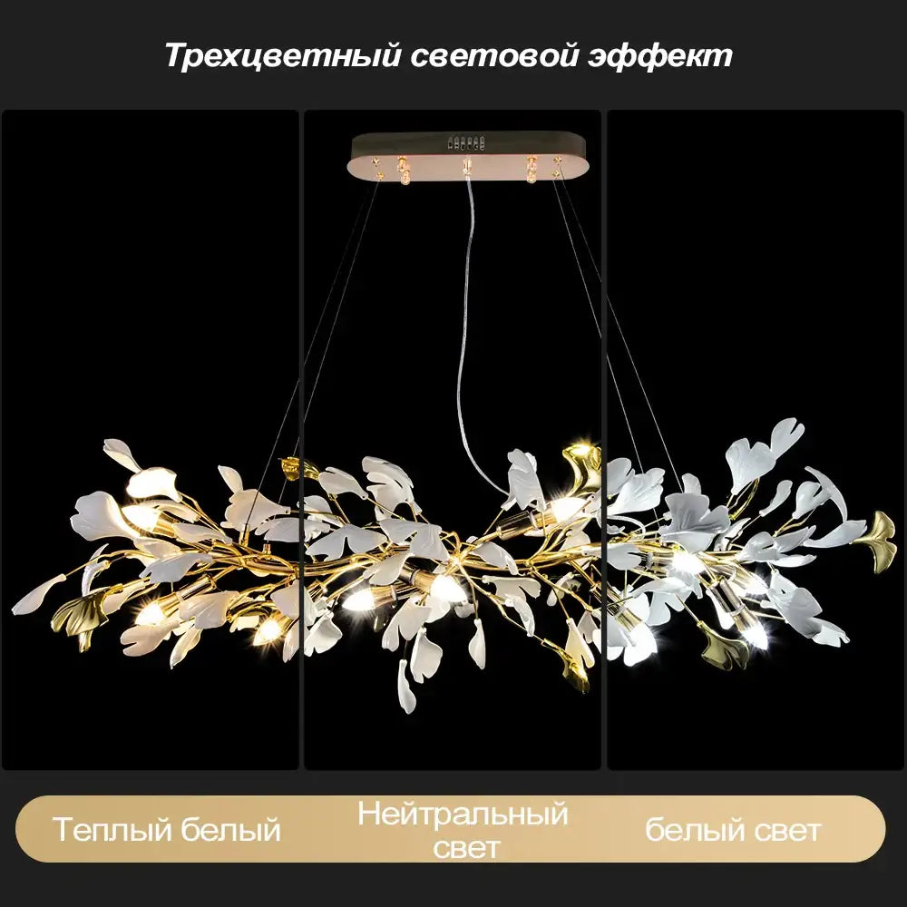 Decorbites ginkgo leaves chandelier featuring a gold-toned metal frame with white glass leaf accents for luxury interiors