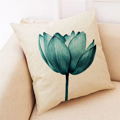 Beige linen cushion cover with detailed teal lotus flower print from decorbites ginkgo leaves collection for modern decor