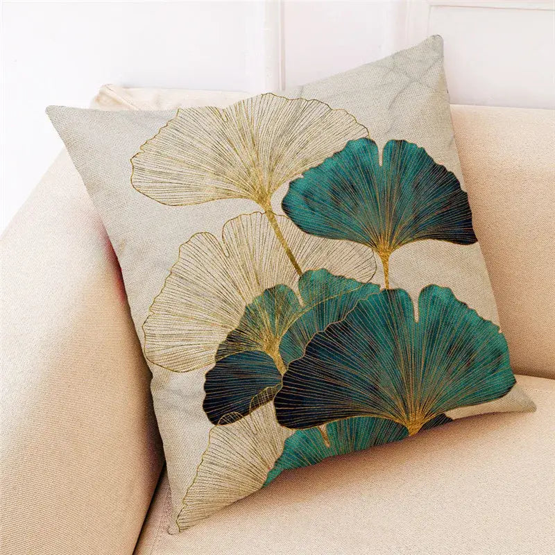 Beige linen cushion cover with decorbites ginkgo leaves design in teal gold and black for modern home decor