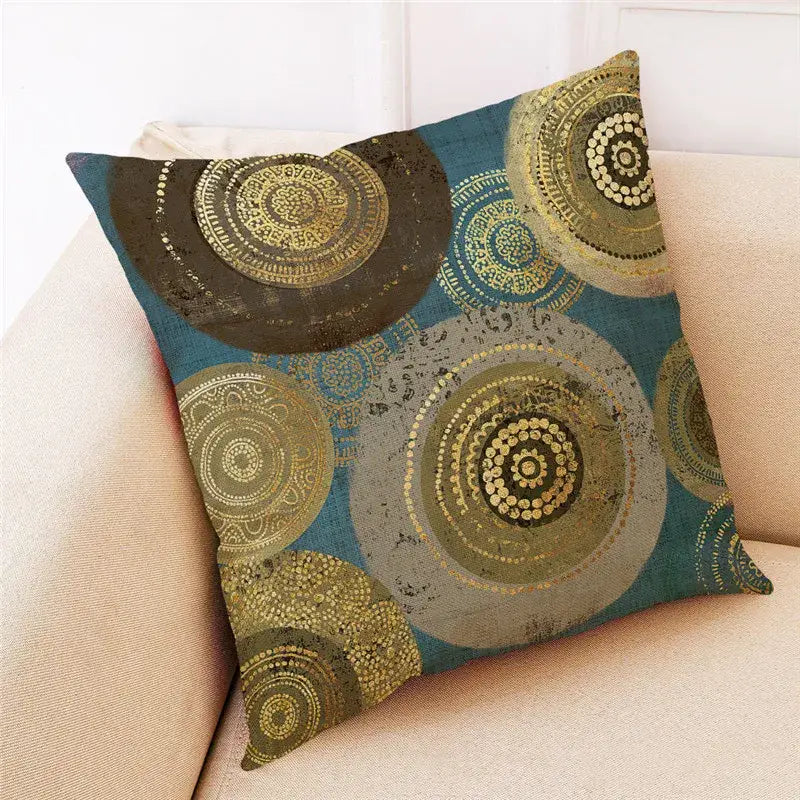 Decorbites ginkgo leaves cushion cover with teal linen background and gold brown gray circular patterns for living room decor