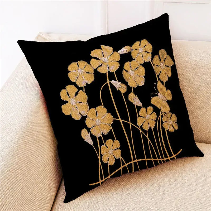 Black linen cushion cover with embroidered gold ginkgo leaves and stems for modern home decor by DecorBites Ginkgo Leaves