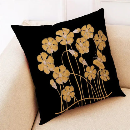 Black linen cushion cover with embroidered gold ginkgo leaves and stems for modern home decor by DecorBites Ginkgo Leaves