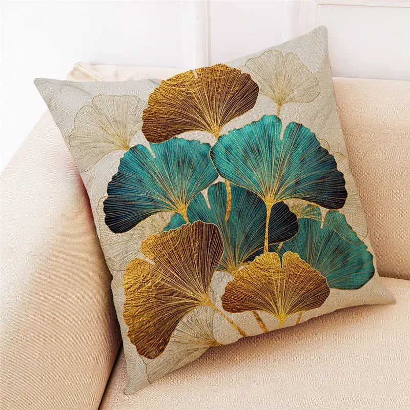 Square linen cushion cover with embroidered teal gold and brown ginkgo leaves by decorbites for modern decor