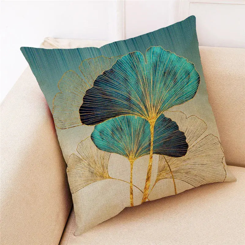 Decorbites ginkgo leaves linen cushion cover with teal navy blue and gold ginkgo leaves on beige textured fabric