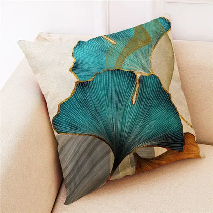 Decorbites ginkgo leaves linen cushion cover with teal and gold abstract ginkgo leaves on beige for modern decor