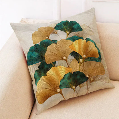 Beige linen cushion cover with decorbites ginkgo leaves pattern in gold and teal for modern home decor