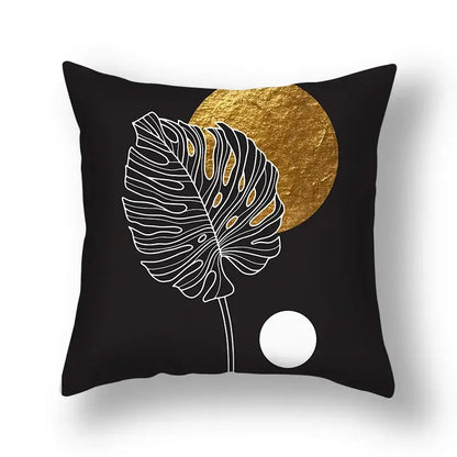 Black decorbites ginkgo leaves print sofa pillowcase featuring white monstera leaf and gold circular background