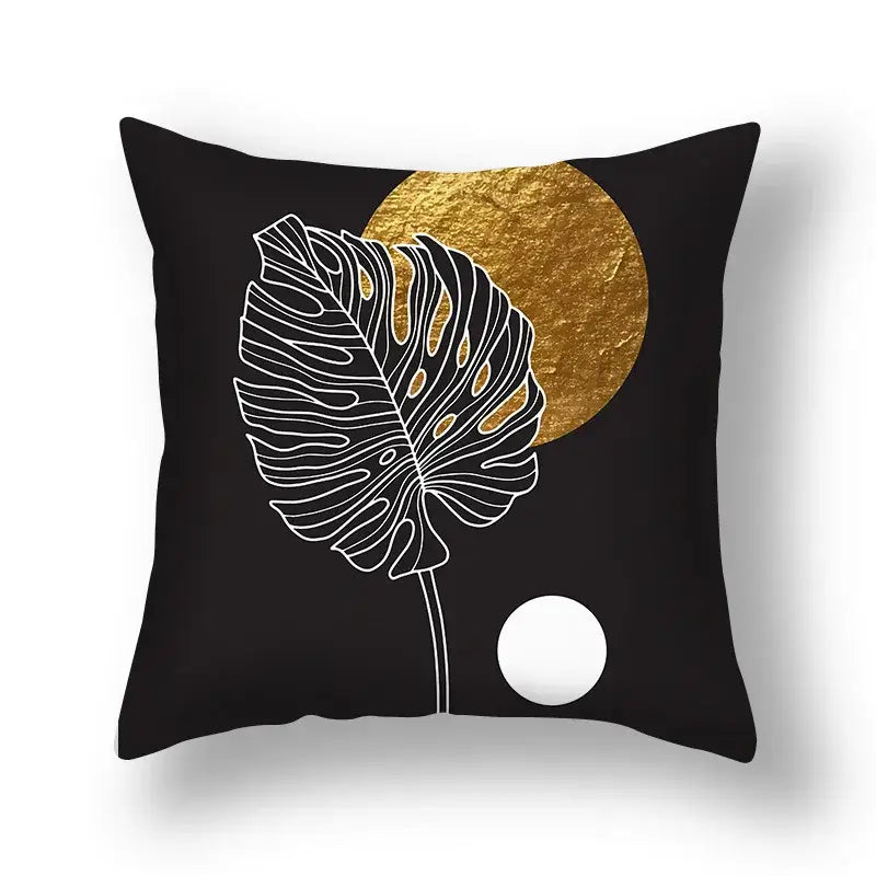 Black decorbites ginkgo leaves print sofa pillowcase featuring white monstera leaf and gold circular background