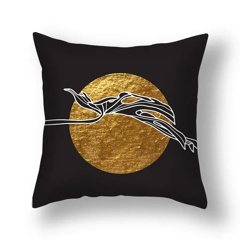 Black decorbites ginkgo leaves print sofa pillowcase 45x45cm with gold circle and white line-art figure silhouette