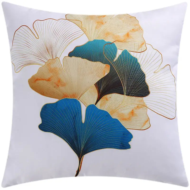 White decorbites ginkgo leaves print sofa pillowcase with elegant blue beige and gold leaves print design 45x45cm