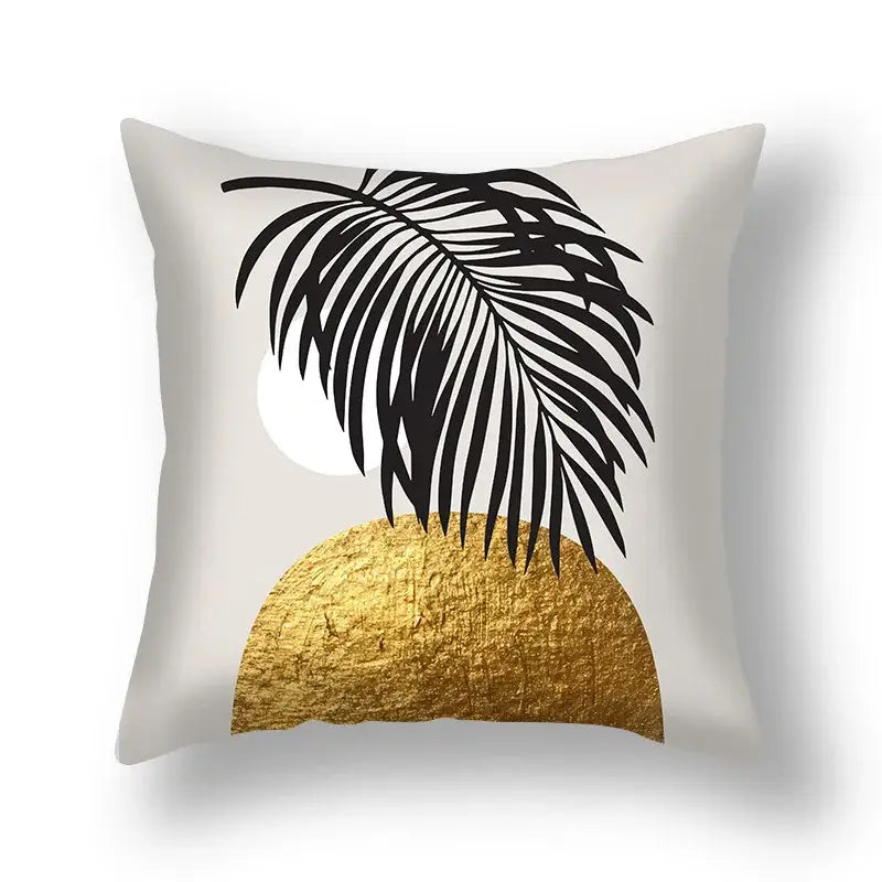 Decorbites ginkgo leaves print sofa pillowcase 45x45cm with black palm silhouette and gold half-circle on off-white background