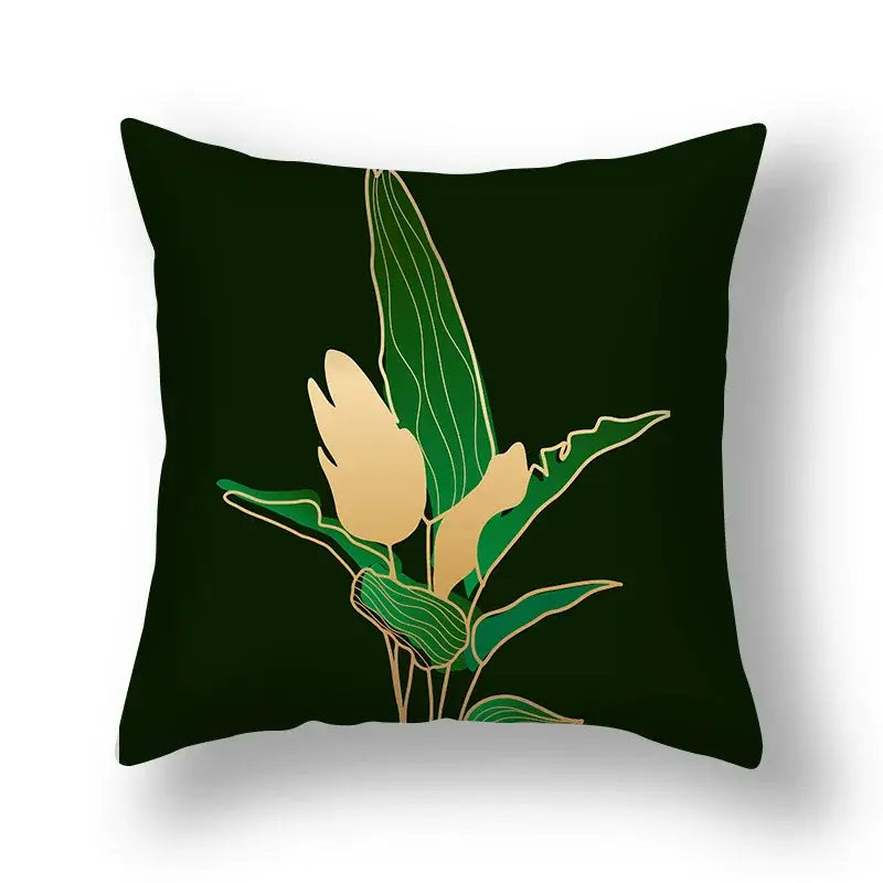Dark green decorbites ginkgo leaves print sofa pillowcase featuring gold and lighter green stylized leaves print design