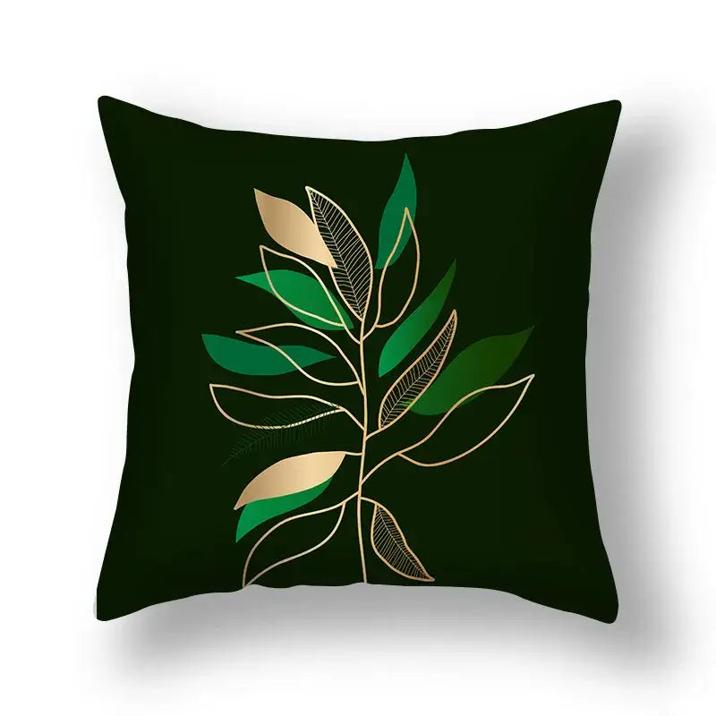 Dark green decorbites ginkgo leaves print sofa pillowcase with stylized leaf design in green and gold 45x45cm