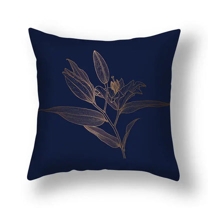 Navy blue decorbites ginkgo leaves print sofa pillowcase featuring elegant gold lily plant line drawing for modern chairs
