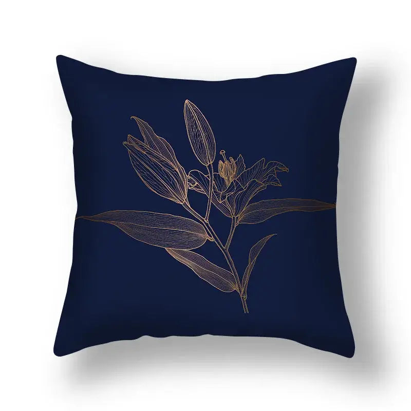 Navy blue decorbites ginkgo leaves print sofa pillowcase featuring elegant gold lily plant line drawing for modern chairs