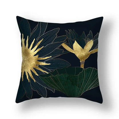 Dark navy decorbites ginkgo leaves print sofa pillowcase with elegant gold and deep green lotus flower design