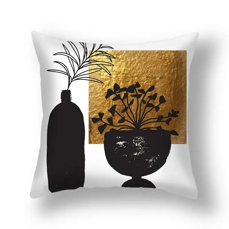 White decorbites ginkgo leaves print throw pillow with minimalist black and gold abstract vases design 45x45cm