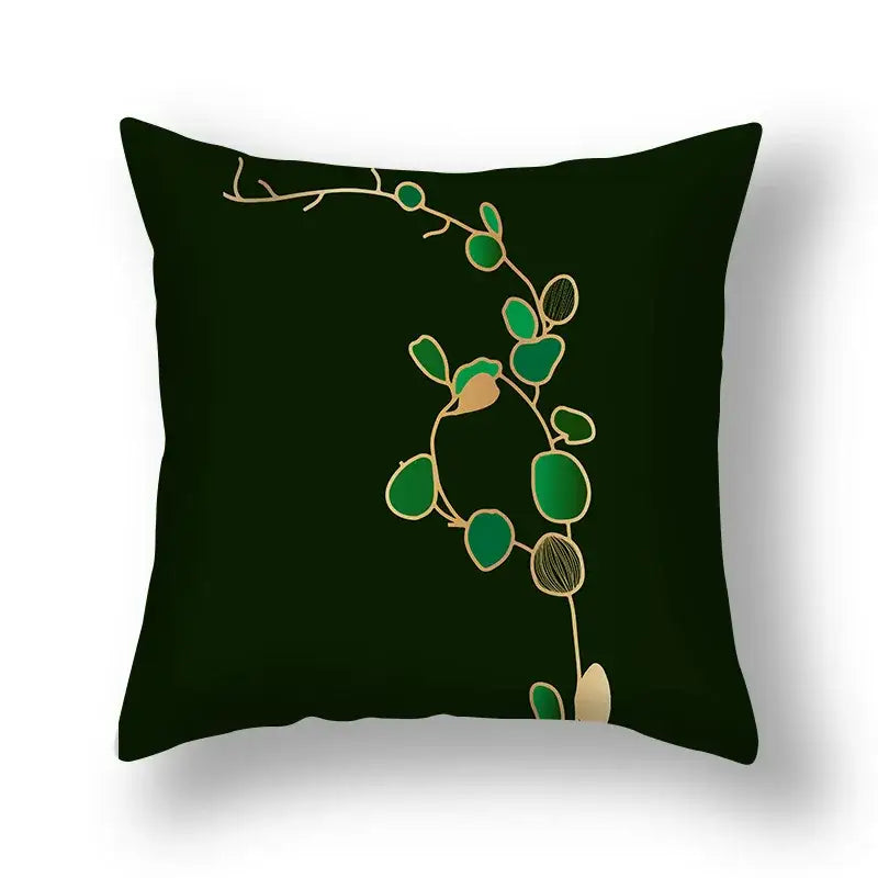 Dark green decorbites ginkgo leaves print sofa pillowcase with elegant gold-traced vine and glossy emerald leaves