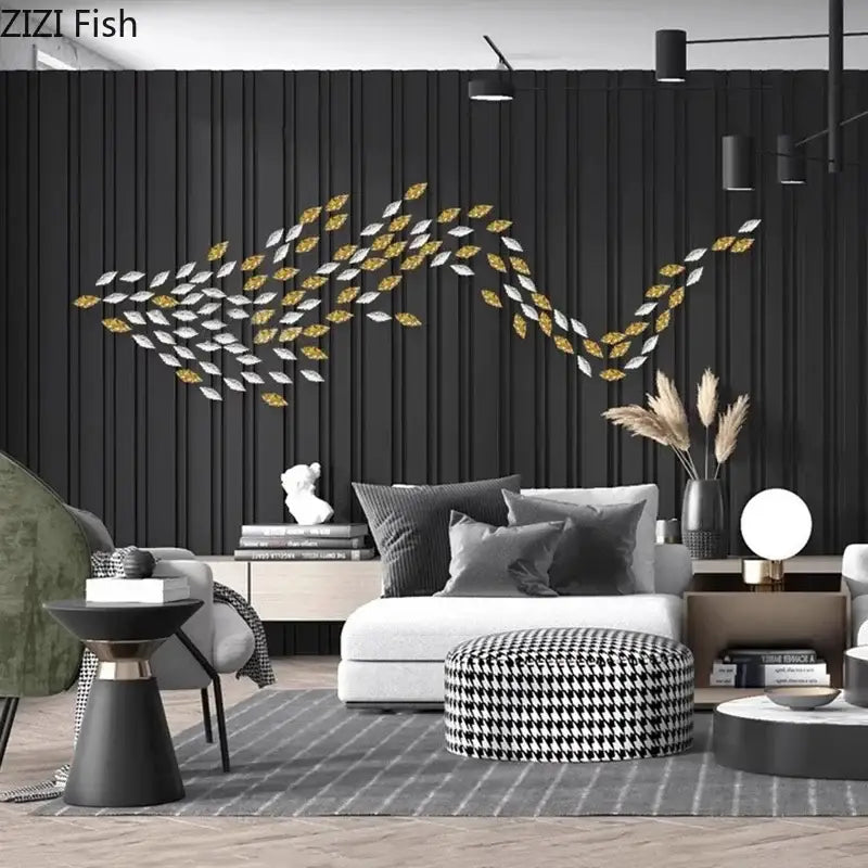 Modern metallic fish-shaped wall decor with alternating gold and silver leaves by decorbites ginkgo leaves wall design