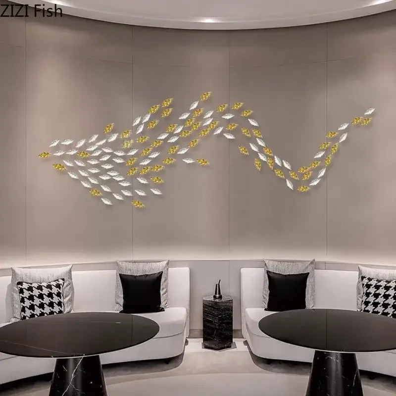 Decorbites ginkgo leaves wall decor featuring a modern metallic gold and silver fish school for living room accents