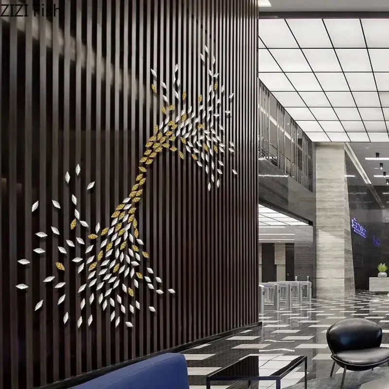 DecorBites™ ginkgo leaves wall hanging ornaments with metallic gold and silver leaf accents on dark wooden slats