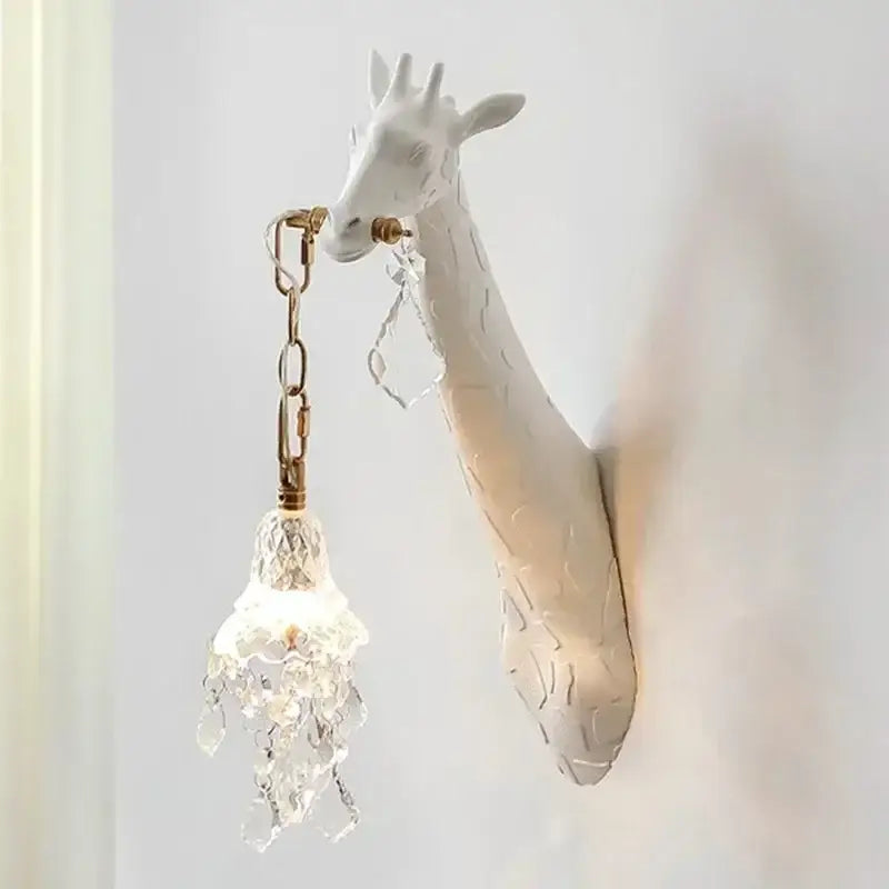 White ceramic giraffe love wall lamp with gold chain and crystal pendant for cute bedside decoration by decorbites