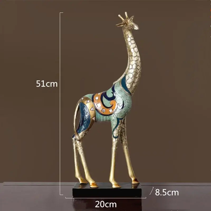 Decorbites giraffe mother and child painted sculpture 51cm tall gold metallic finish with turquoise blue and orange patterns