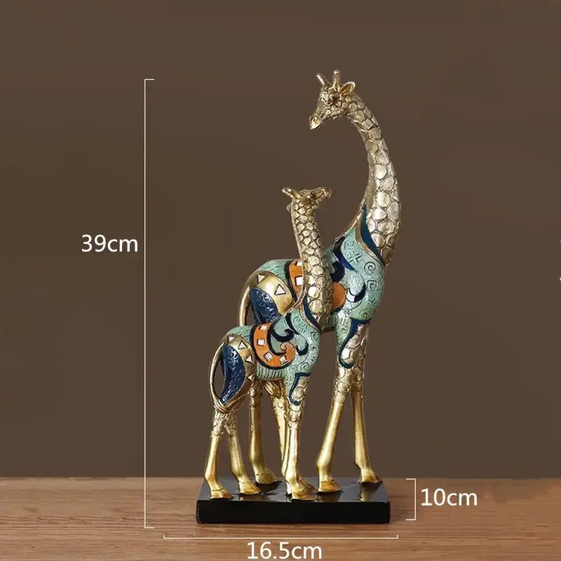 Decorbites giraffe mother and child painted sculpture with gold-toned legs and colorful geometric patterns for modern decor