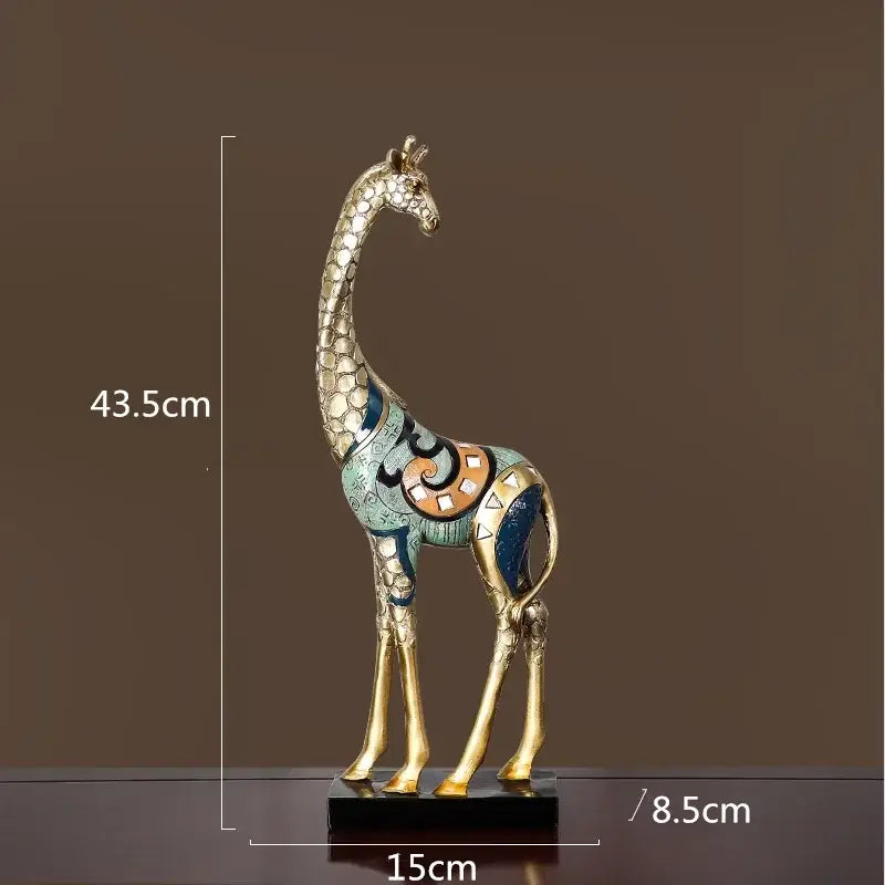 Decorbites giraffe mother and child painted sculpture featuring gold-toned metal with turquoise blue and orange enamel patterns
