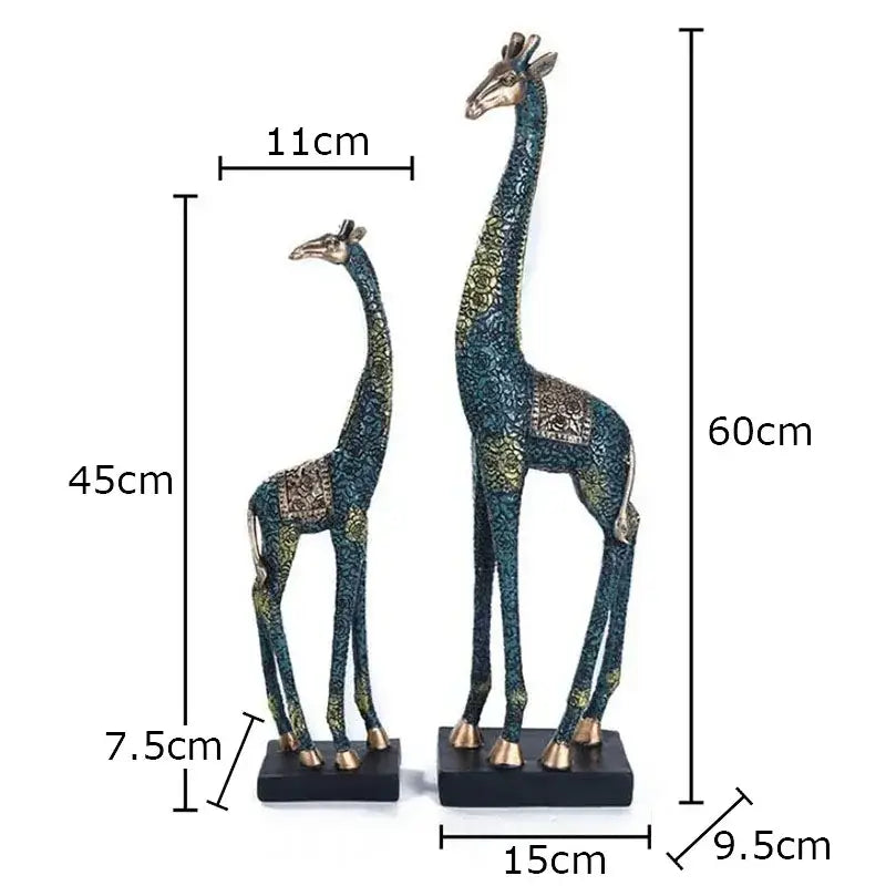Two ornate dark teal and gold giraffe resin statues on black bases decorbites resin statue ornament for room decor