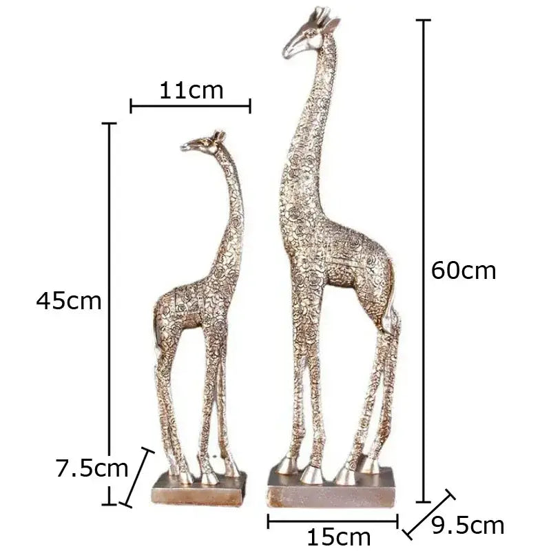 Silver-toned giraffe resin statue ornament with intricate floral etchings and metallic bases for room decoration