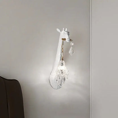 White giraffe resin wall lamp sconce with crystal accents and gold chain by decorbites for bedside and living room decor