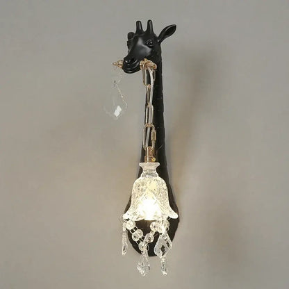 Black DecorBites giraffe resin wall lamp sconce light with crystal bell pendant for bedside and living room decor