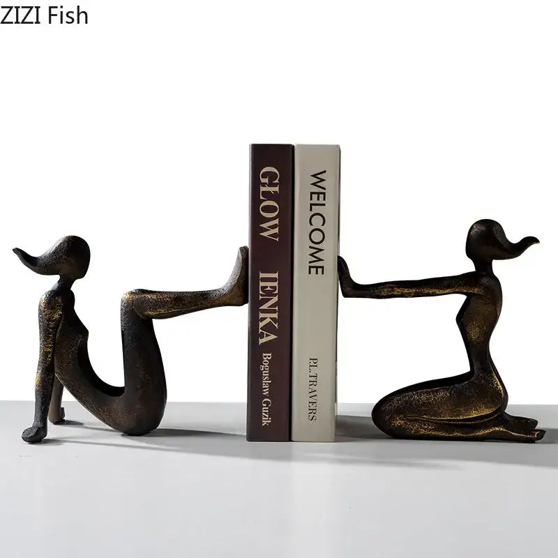 Bronze-finished decorbites girl statue bookends in kneeling pose made of resin for desk and bookcase decoration