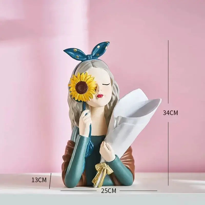 Charming resin decorbites girl statues vase ornament featuring a blonde girl with teal top and sunflower accessory