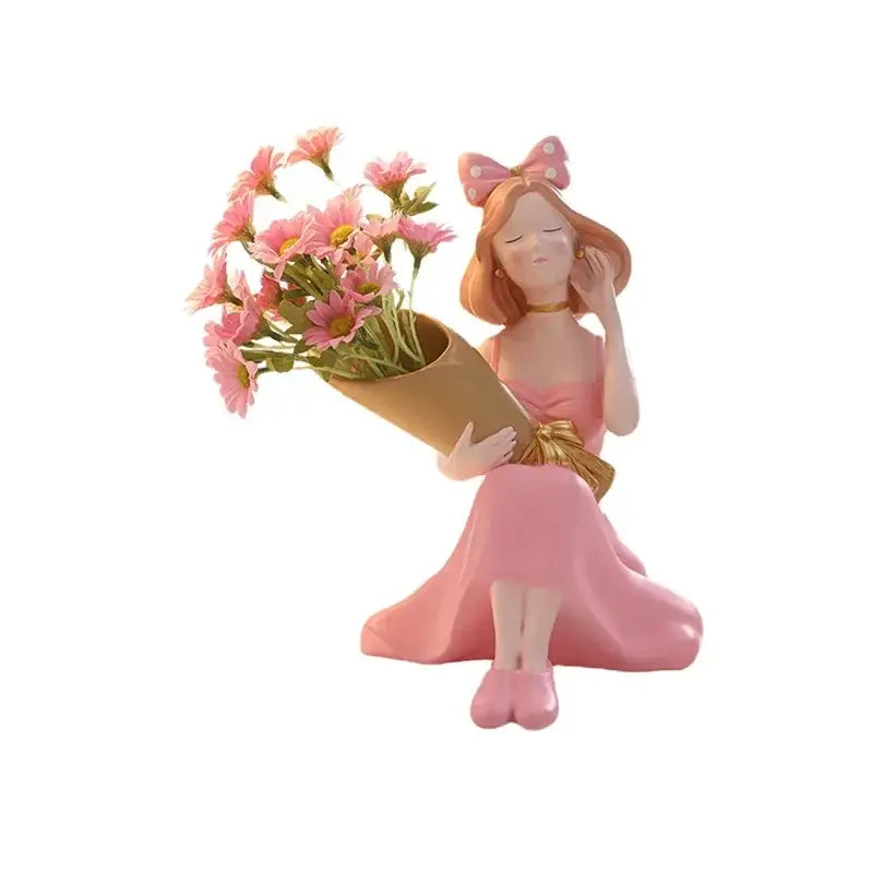 Pink resin decorbites girl statues vase ornament of a girl in pink dress holding pink daisies for office decor
