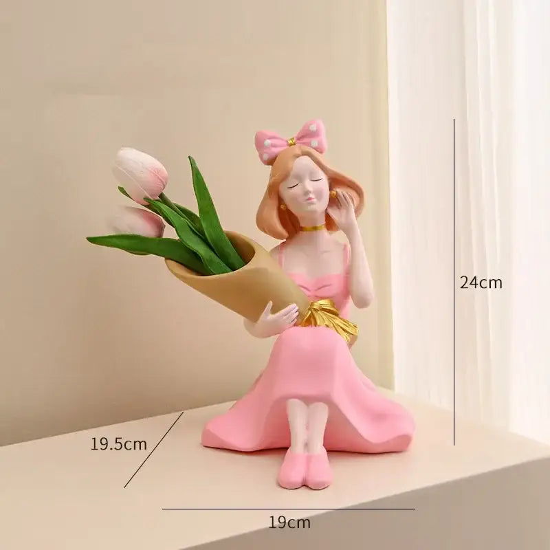 DecorBites girl statues pink resin figurine in a pink dress holding tulips for vase ornaments and office decor