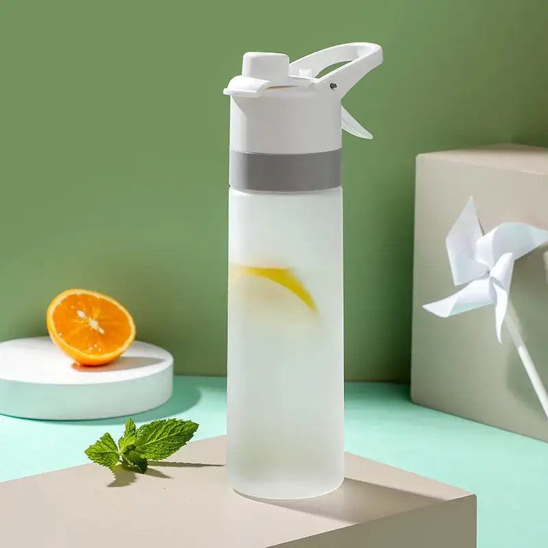 DecorBites girls translucent white spray water bottle with gray band and flip-top lid for outdoor sports and travel