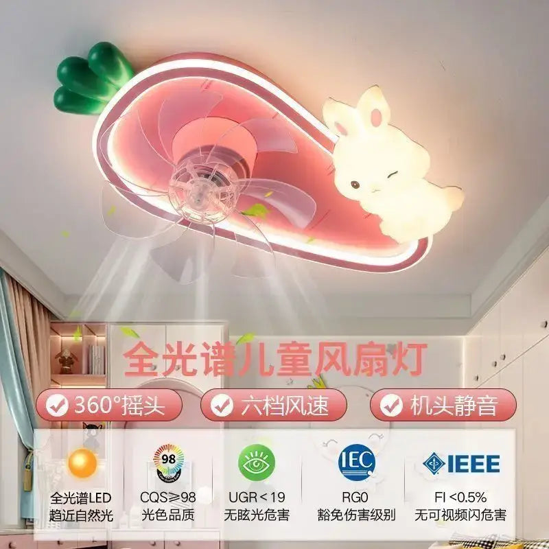 Decorbites girls bedroom 360 fan light featuring pink and green carrot-shaped blades with a white rabbit design