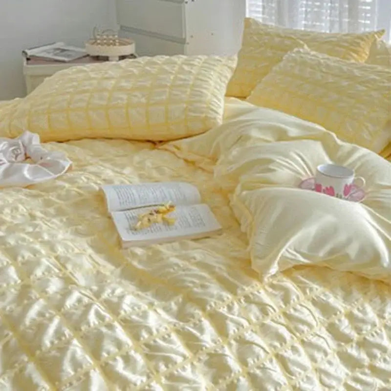 Soft quilted yellow decorbites girls bubble gauze bedding set with subtle sheen and gentle texture for summer comfort